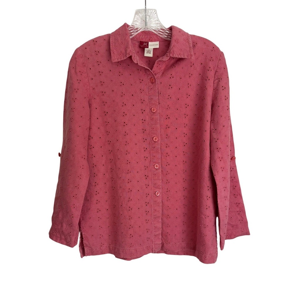 JM Collection Petite Pink 100% Linen Eyelet Button Down Shirt Top‎ 4P Vintage